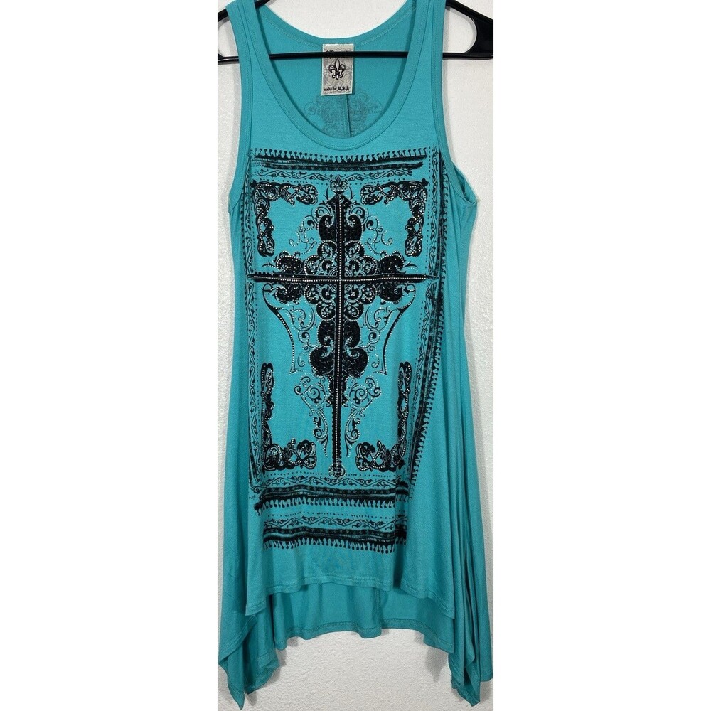 Y2K  Vocal Turquoise Sleeveless Rhinestone Cross Tunic Top Rayon Spandex Size S